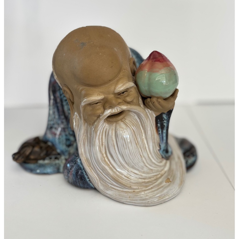 Chinese Mudman Shou Xing God of Longevity Ceramic Figurine Flambe Glaze Peach